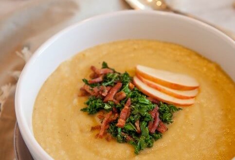 Roasted Apple and Parsnip Soup with Sautéed Garlicky Kale and Turkey Bacon