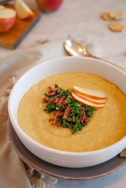 Roasted Apple and Parsnip Soup with Sautéed Garlicky Kale and Turkey Bacon